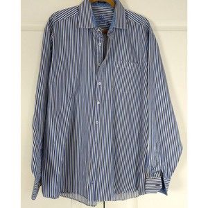 BUGATCHI UOMO Striped Button Down XXL Dress Shirt Flip Cuff‎ Blue Long Sleeve